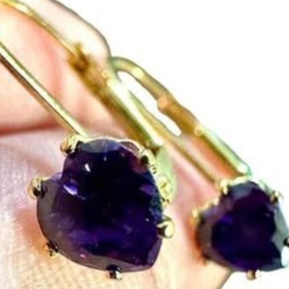 Heart Cut Purple Amethyst Earrings,  18K Gold Plated Leverback Earrings Dangle